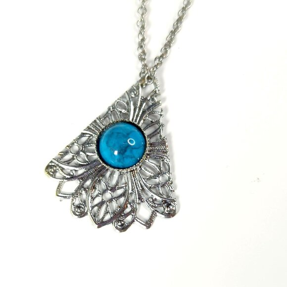 Vintage Style Silver-Tone Filigree Pendant Necklace With Turquoise Accent - Picture 1 of 6